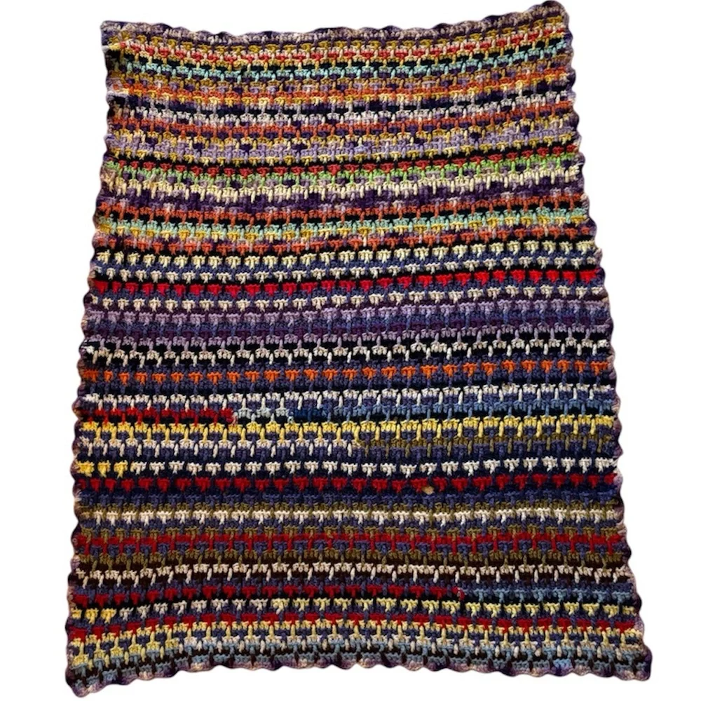 Rare Vintage 60s 70s Multicolor Crochet Afghan Psychedelic Scrappy Blanket Quilt